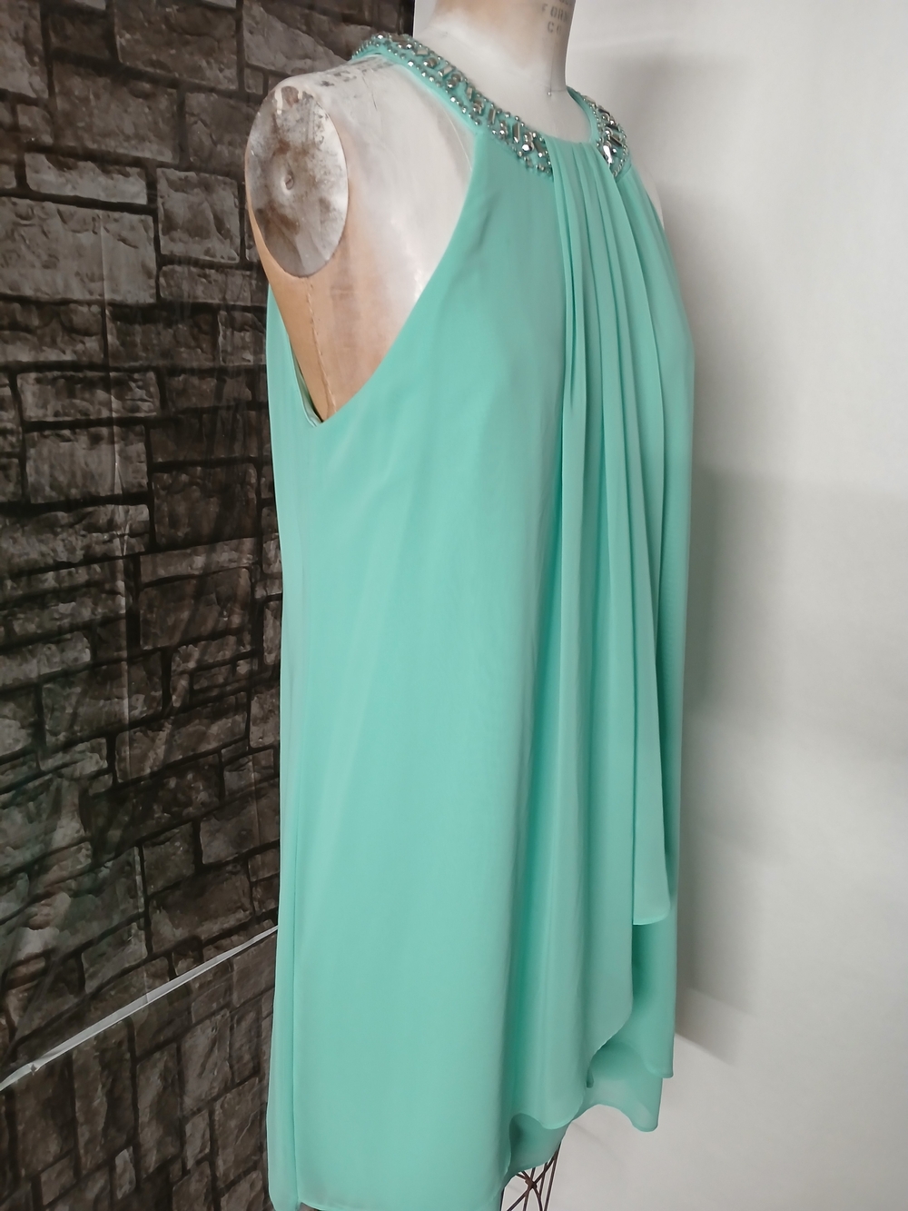 Beaded Halter Midi in Aqua Green Women's Evening Dress. - Picture 10 of 12